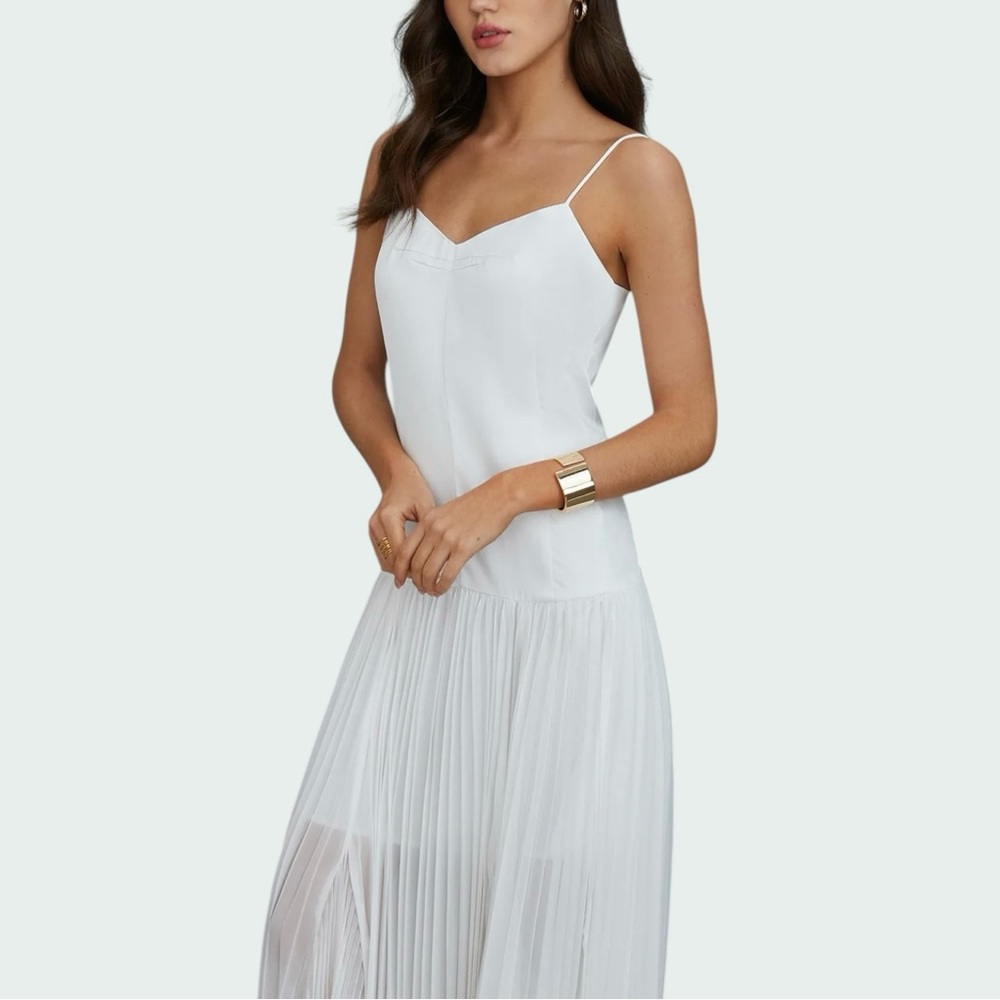 Commense White Pleated Chiffon Maxi Dress Satin Bodice Semi Sheer Small NWT - Picture 2 of 10